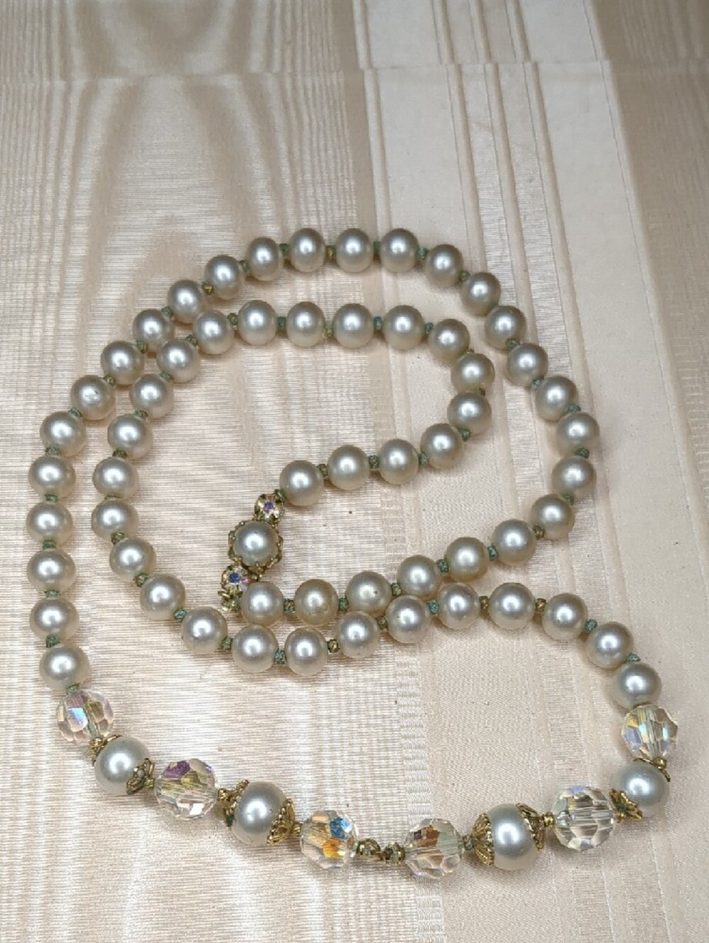 Vintage 50s Classic Faux Pearl Necklace Auroa Borealis Crystal Accents Formal